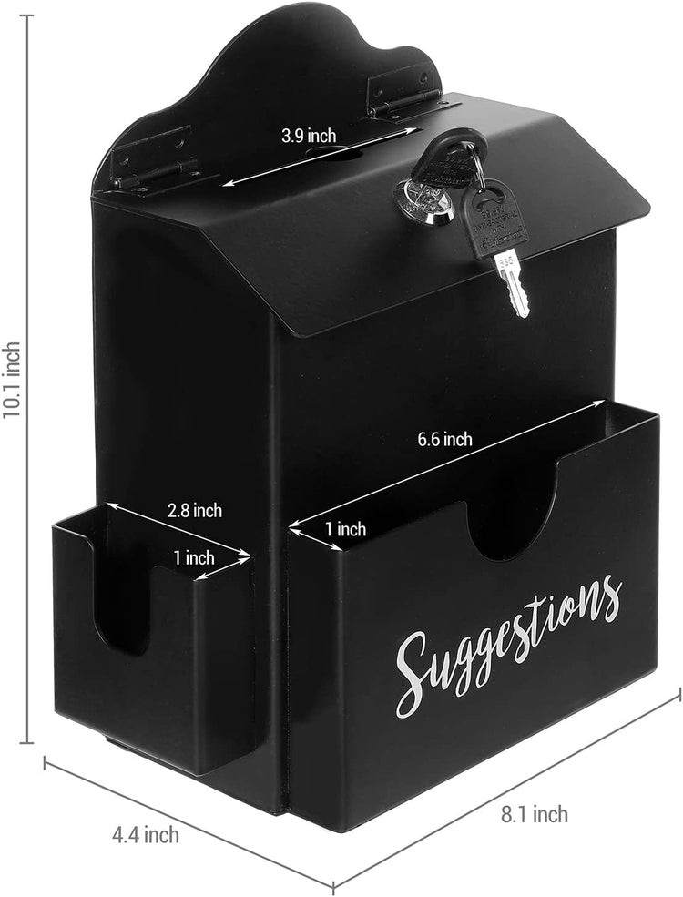 Metal Suggestion Box, Matte Black Wall Mounted or Tabletop Comment Box with Lock, Keys, Paper Sheet and Pen Holder Slots-MyGift