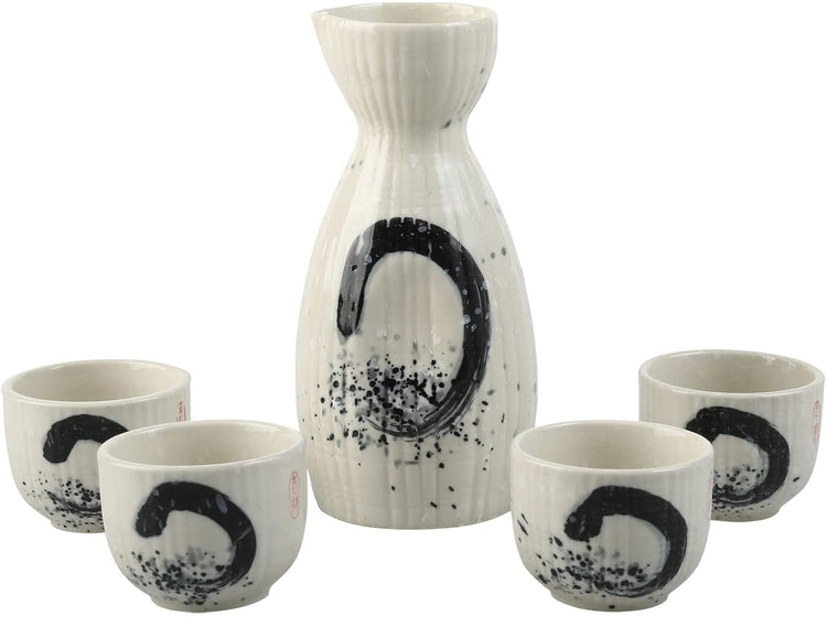 Japanese Beige Ceramic Sake Set with Ribbed Texture and Ocean Swirl Design Includes Serving Carafe and 4 Shot Cups-MyGift