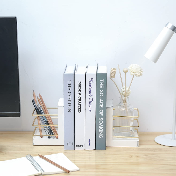 White Wood Decorative Bookends, L-Shaped Book Stands with Gold Tone Metal Wire Pen Holder Stationery Storage Baskets-MyGift