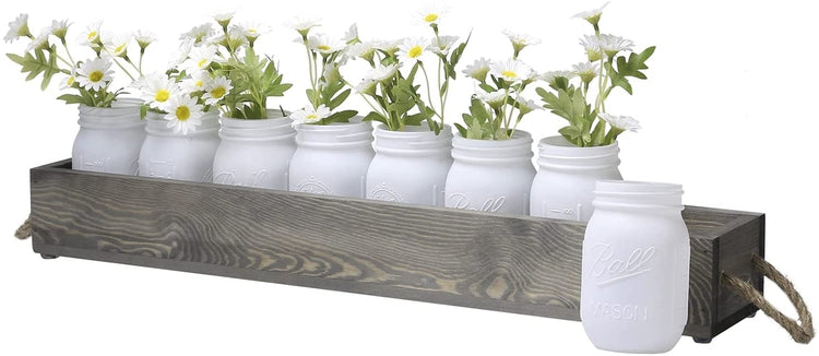 8 White Mason Jar Vases in 27-Inch Long Gray Wood Centerpiece Planter Box with Rope Handles-MyGift