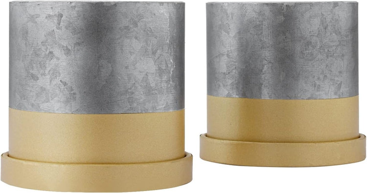 Set of 2, 4-inch Cylindrical Galvanized Metal and Gold-Tone Mini Succulent Planter Pots with Trays-MyGift