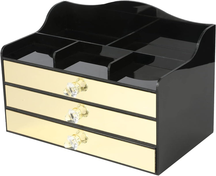 Black Acrylic Jewelry Box, Art Deco Mirrored Brass Tone Storage Drawer Organizer with Velvet Jewelry Tray Liners-MyGift