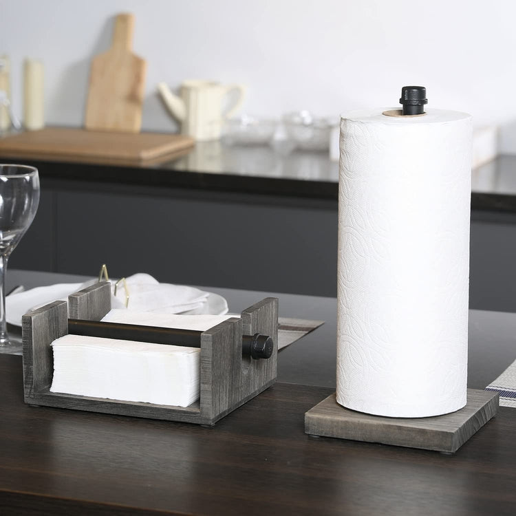 Kitchen Accessory Set, Gray Wood and Metal Paper Towel Holder Countertop and Napkin Holder with Weighted Arm-MyGift