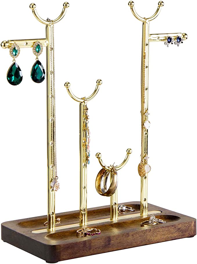 Multi-Level Jewelry Display Rack, Tabletop Brass Tone Metal Necklace Hanger and Earring Storage-MyGift