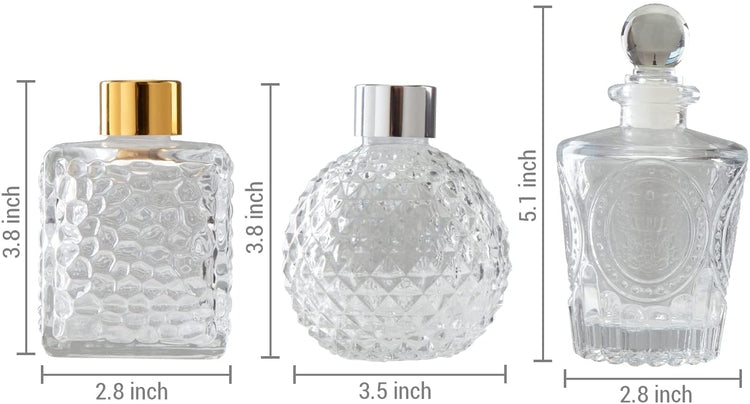 Set of 3, Clear Reed Diffuser Bottle, Decorative Small Glass Bottles with Embossed Texture and Stopper Lids-MyGift