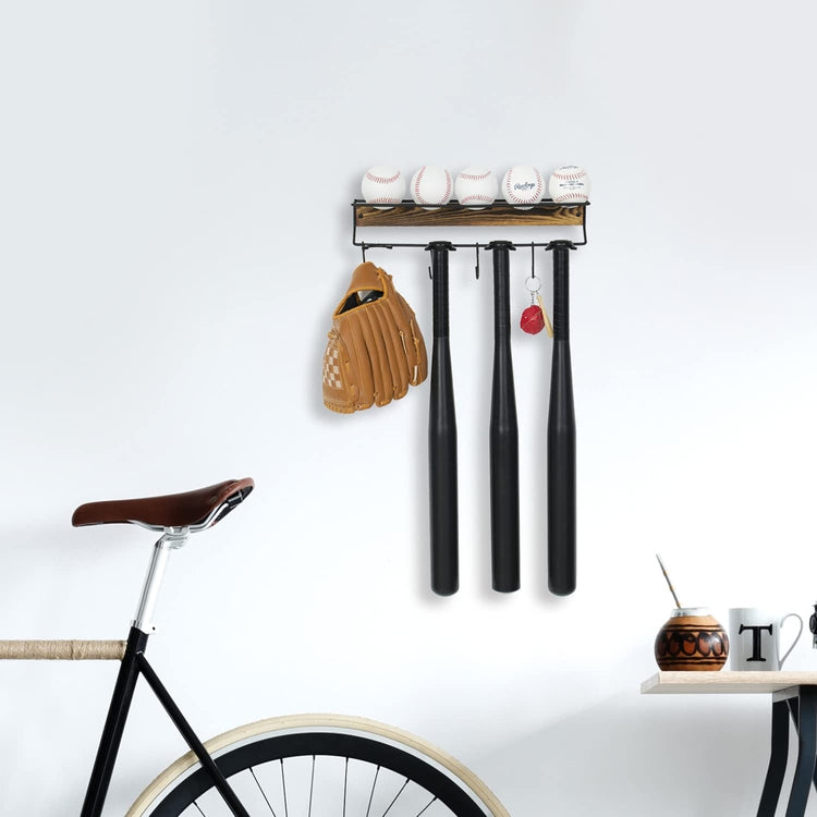 Burnt Wood, Black Metal Baseball Softball Equipment Rack, Bats and Balls Storage Holder, Hooks for Caps, Mitts, Gloves-MyGift