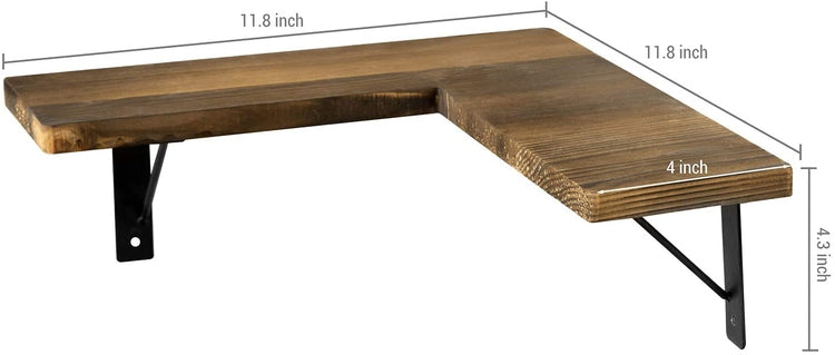 Set of 3 Rustic Burnt Wood & Black Metal Corner Display Shelves-MyGift