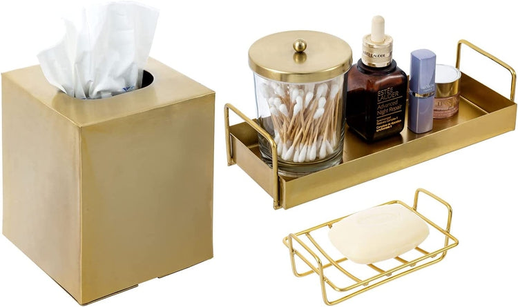 4 Pc Bathroom Accessories Set, Brass Tone Vanity Combo with Tissue Box Cover, Soap Dish, Clear Glass Jar, Vanity Tray-MyGift