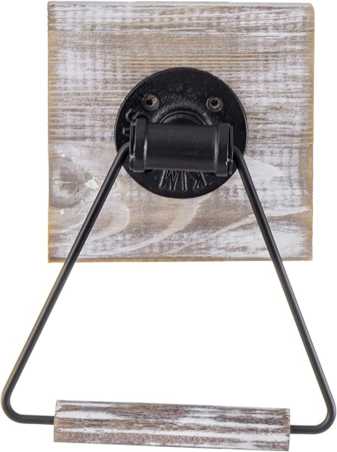 Shabby Whitewashed Wood and Matte Black Metal Triangular Hand Towel Ring for Bathroom-MyGift
