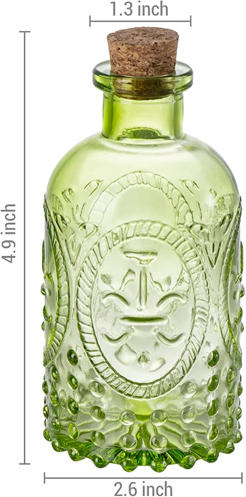 Apothecary Flower Bud Vases, Vintage Design Embossed Green Glass Reed Diffuser Bottle with Cork Lid-MyGift