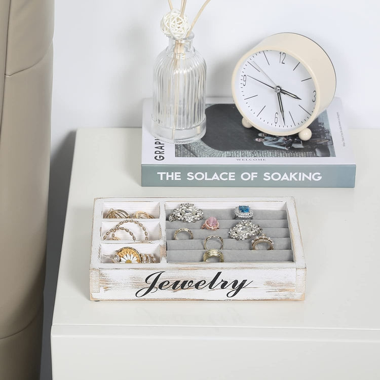 Whitewashed Wood Jewelry Organizer Box, Storage Tray with Decorative Cursive JEWELRY Label Design-MyGift