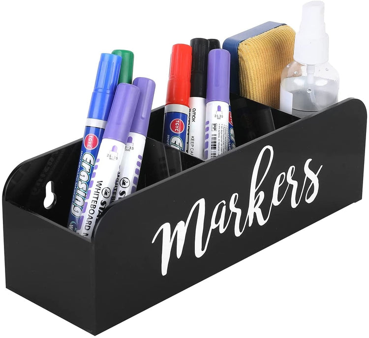 Whiteboard Marker Holder, Black Acrylic Wall Mounted or Tabletop Marker, Eraser, Cleaner Caddy with Cursive MARKERS Sign-MyGift