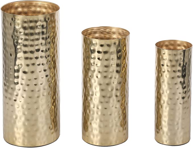Hammered Metal Cylinder Flower Vases Set of 3, Tall Modern Brass Tone Decorative Centerpiece Vases-MyGift