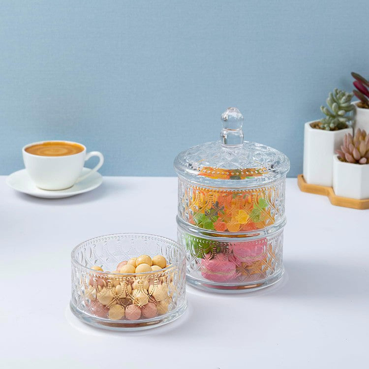 MyGift 3 Tier Vintage Embossed Diamond Cut Pattern Clear Glass Stacking Storage Container with Lid Decorative Apothecary Jar Candy Dish Party