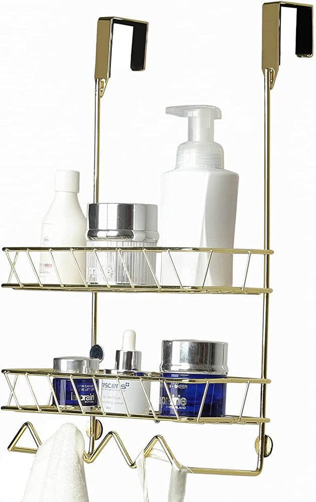 Brass Metal Bath Storage Shelf Rack, Over The Door Hanging Bathroom Organizer with Basket Shelves and Hooks-MyGift