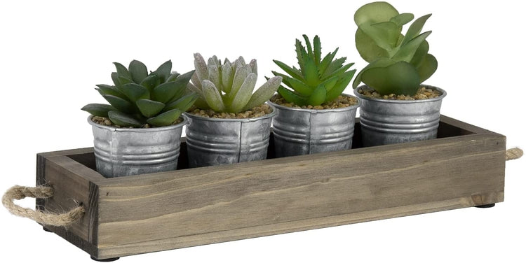 Assorted Mini Artificial Succulent Plants in Galvanized Metal Planter Pots with Gray Wood Tray-MyGift