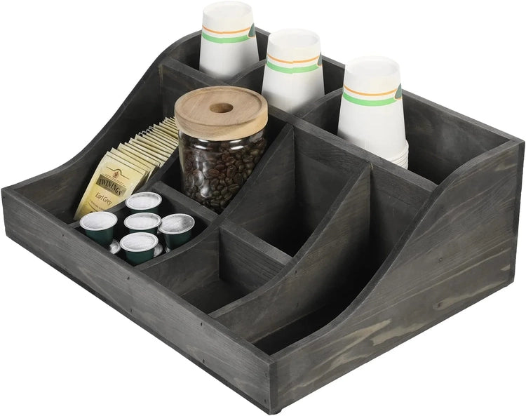 Gray Wood Tea and Condiment Organizer Storage Caddy with Compartments for Cups, Sugar Packets, Stirrers and Creamer-MyGift