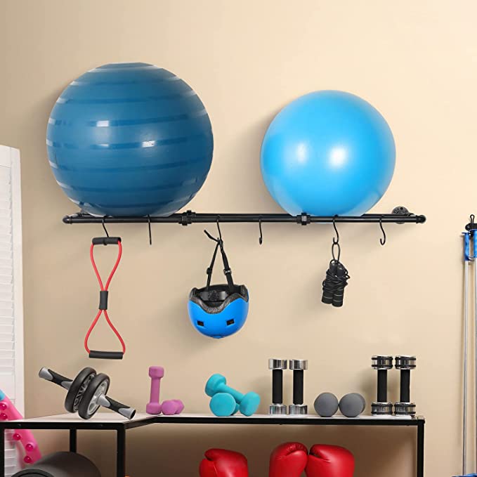 Wall Mounted Industrial Matte Black Metal Exercise Yoga Ball Storage Rack  with 6 S-Hooks