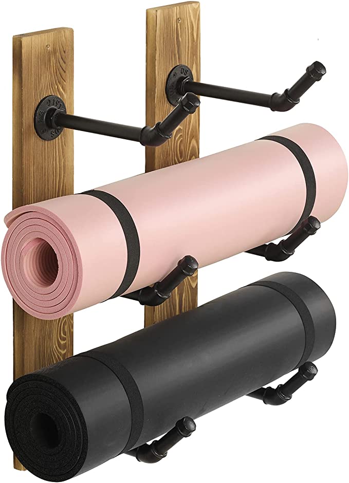 Industrial Black Metal Pipe Yoga Mat and Foam Roller Holder with Rustic Burnt Wood Wall Mount Backing-MyGift