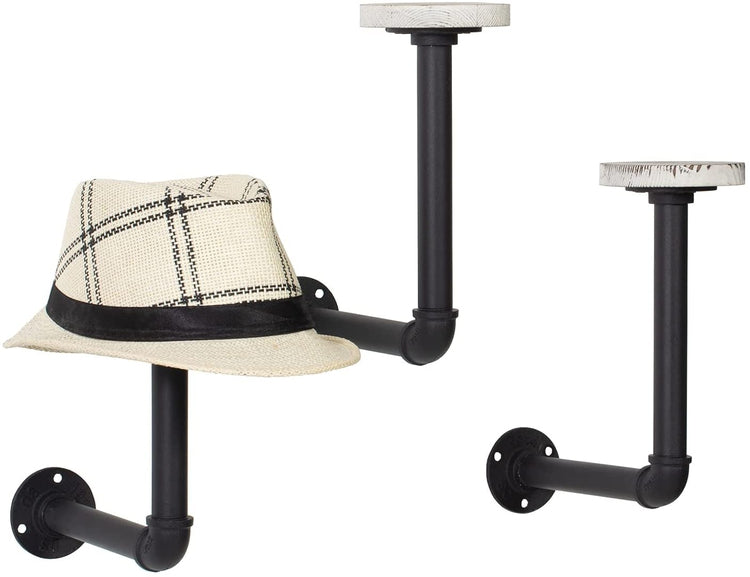 Set of 3, Hat Rack Wall Mount Industrial Black Metal Pipe and Whitewashed Wood Circular Form Wig Holder-MyGift