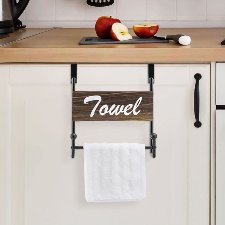 Industrial Matte Black Metal Over Cabinet Door Hand Towel Bar Holder with Burnt Wood Cursive "Towel" Sign-MyGift