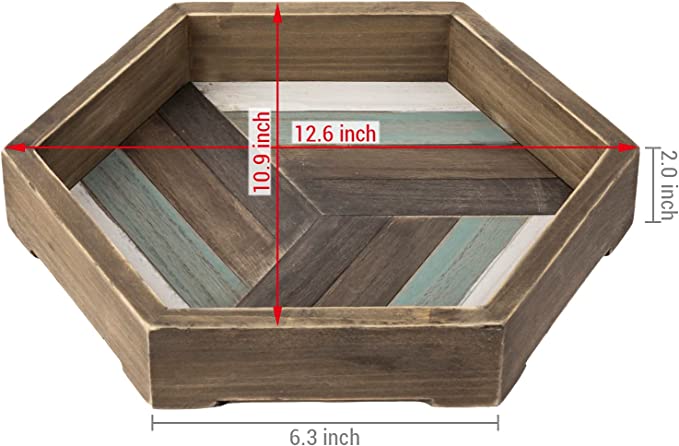 12-inch Hexagonal Burnt Wood Serving Tray with Multicolored Stripes-MyGift