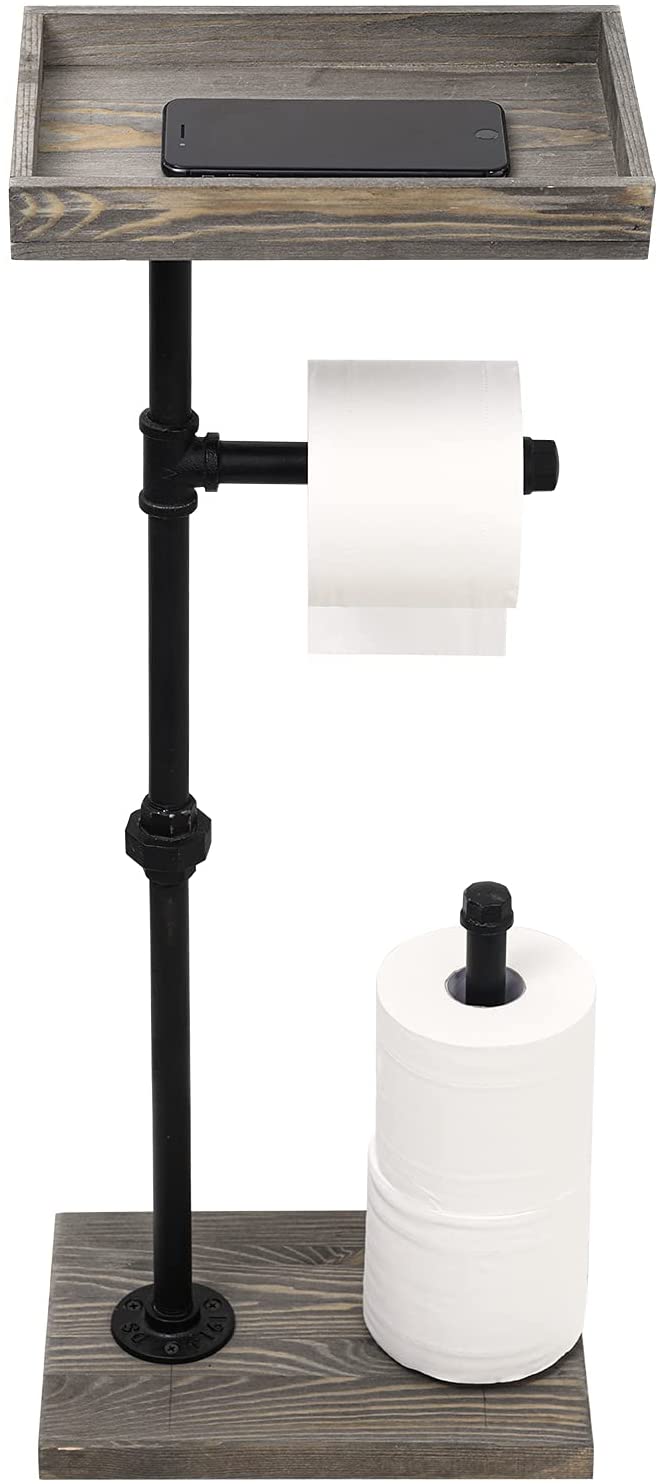 Gray Wood and Industrial Metal Pipe Freestanding Toilet Paper Roll Holder Stand with Reserve Storage and Top Shelf Tray-MyGift