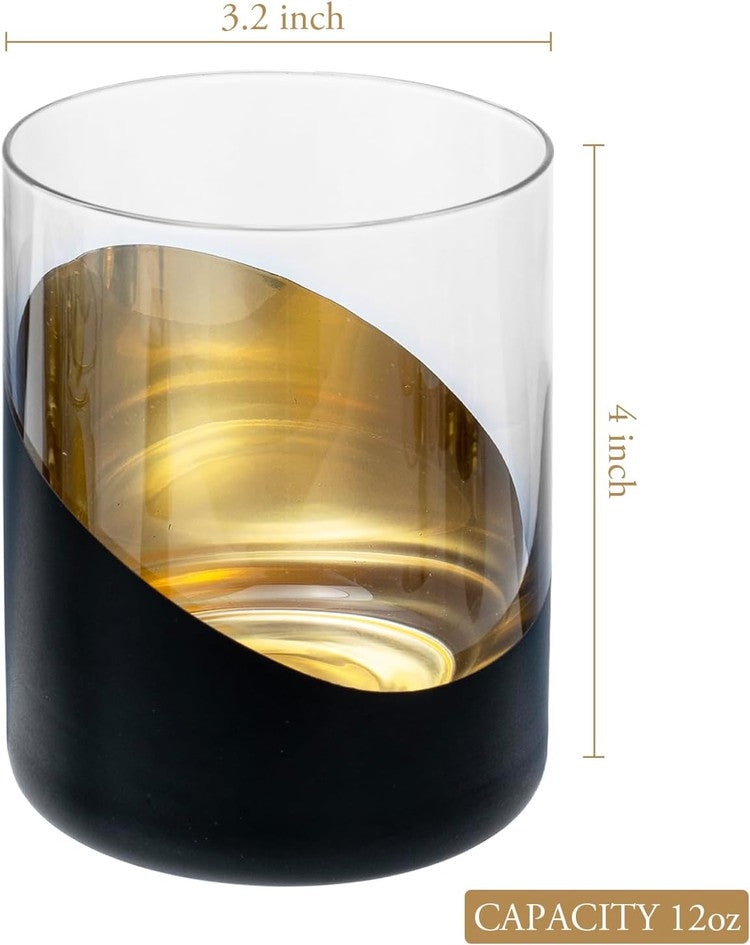Black and Gold Cocktail Glasses, Old Fashioned Lowball Whiskey Rocks Drinking Glass, Set of 6-MyGift