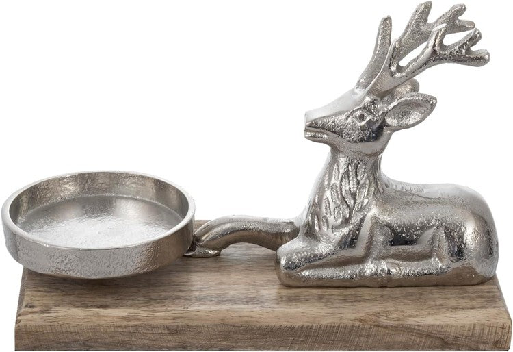 Brown Wood Candle Holder and Deer Figurine on Base for Pillar, Candle Container-MyGift