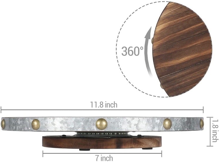 Round Rotating Serving Tray, Burnt Wood and Galvanized Metal Lazy Susan Turntable with Brass Tone Studs-MyGift