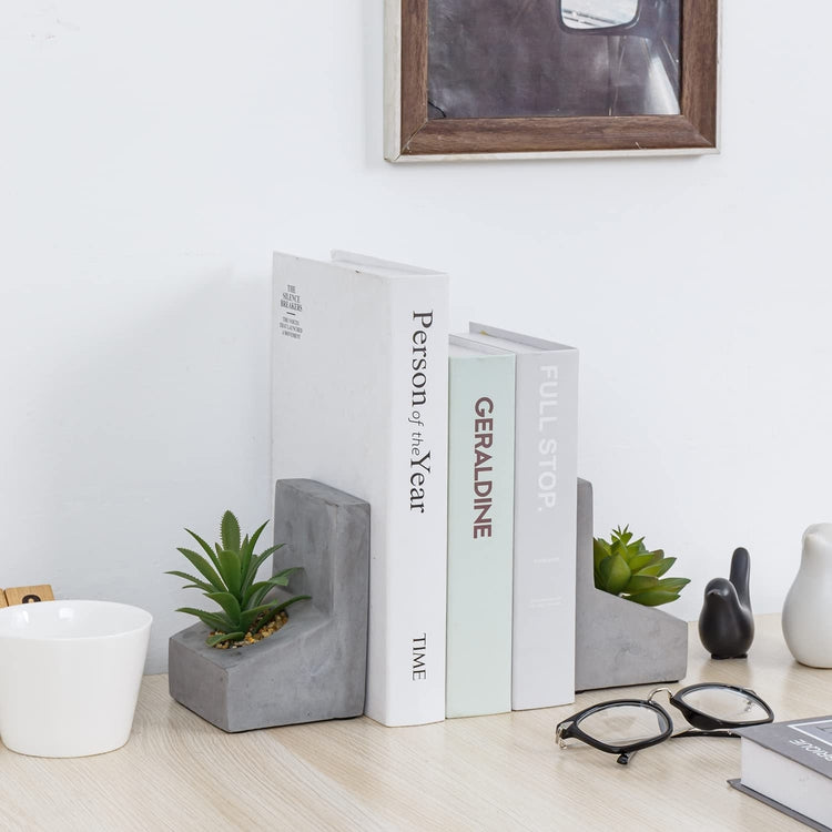 L-Shaped Concrete Bookends with Artificial Succulent Plants, Desktop Heavy Duty Book Stands-MyGift