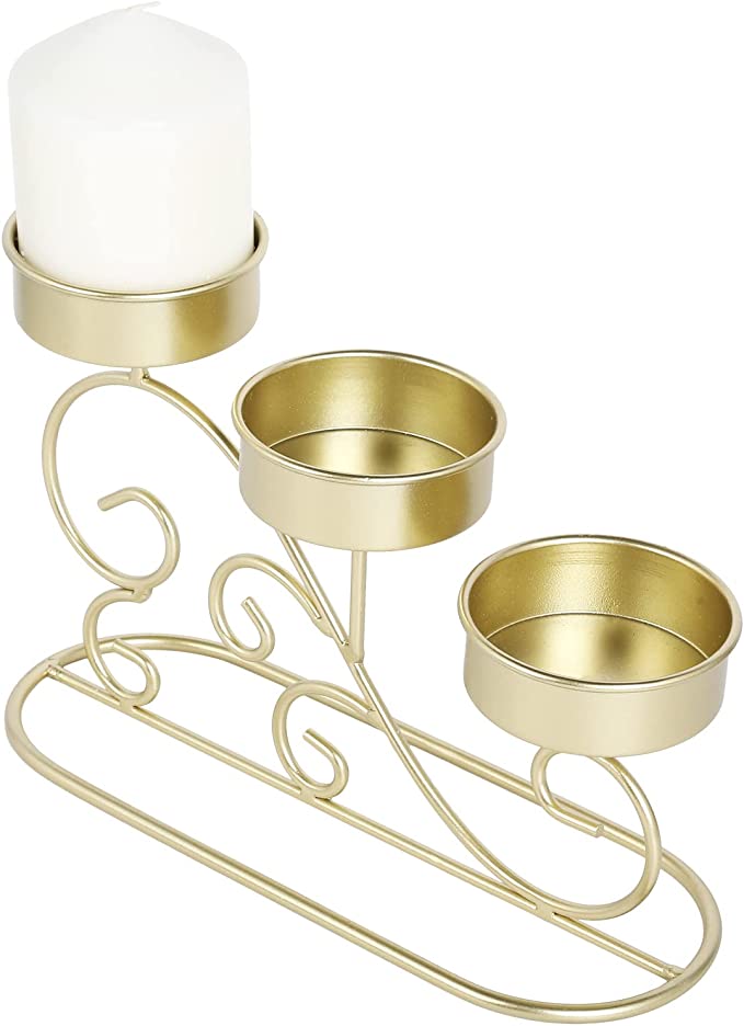 Tabletop Tiered Brass Tone Metal Pillar Candle Holder with Vintage Scrollwork Design-MyGift
