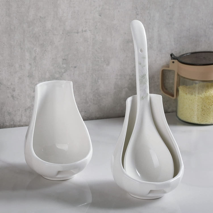 Set of 2, Upright White Ceramic Spoon Rest, Vertical Standing Ladle Holders-MyGift
