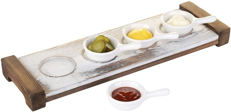Whitewashed and Burnt Wood Serving Tray with Mini White Ceramic Handled Bowls for Dips, Sauces, or Appetizers-MyGift
