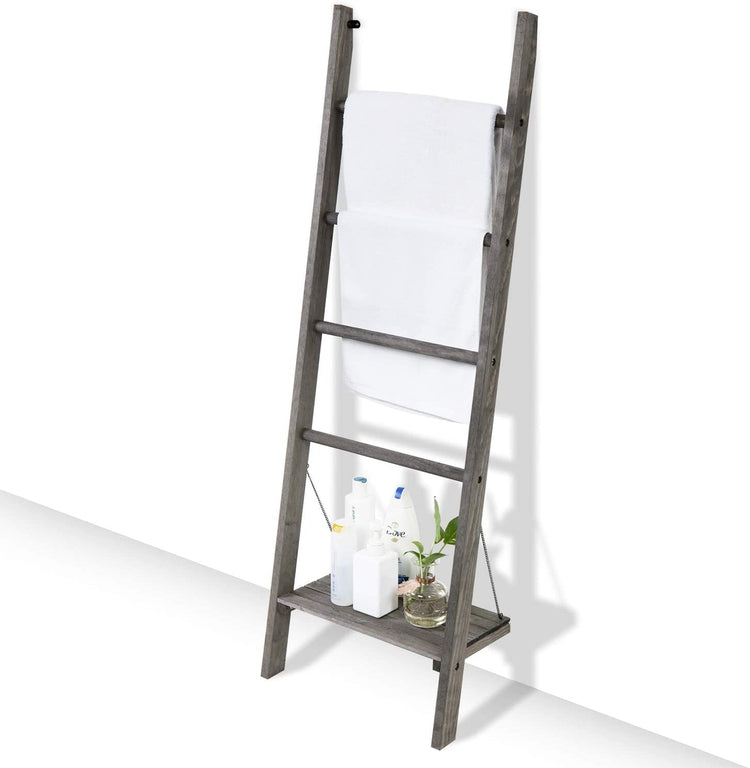 Vintage Gray Solid Wood Wall Leaning Towel or Blanket Ladder Display Rack with Bottom Storage Shelf-MyGift