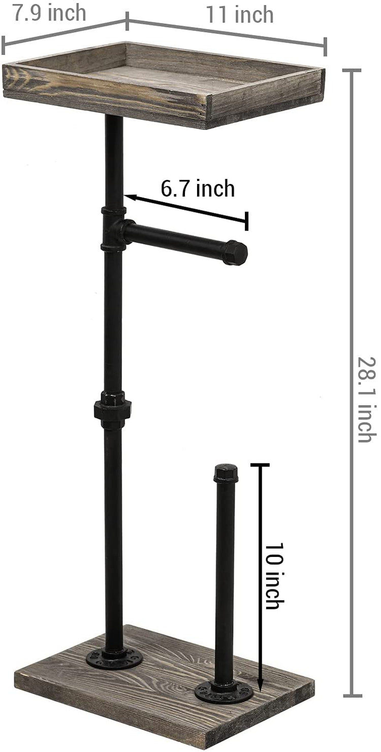 Gray Wood and Industrial Metal Pipe Freestanding Toilet Paper Roll Holder Stand with Reserve Storage and Top Shelf Tray-MyGift
