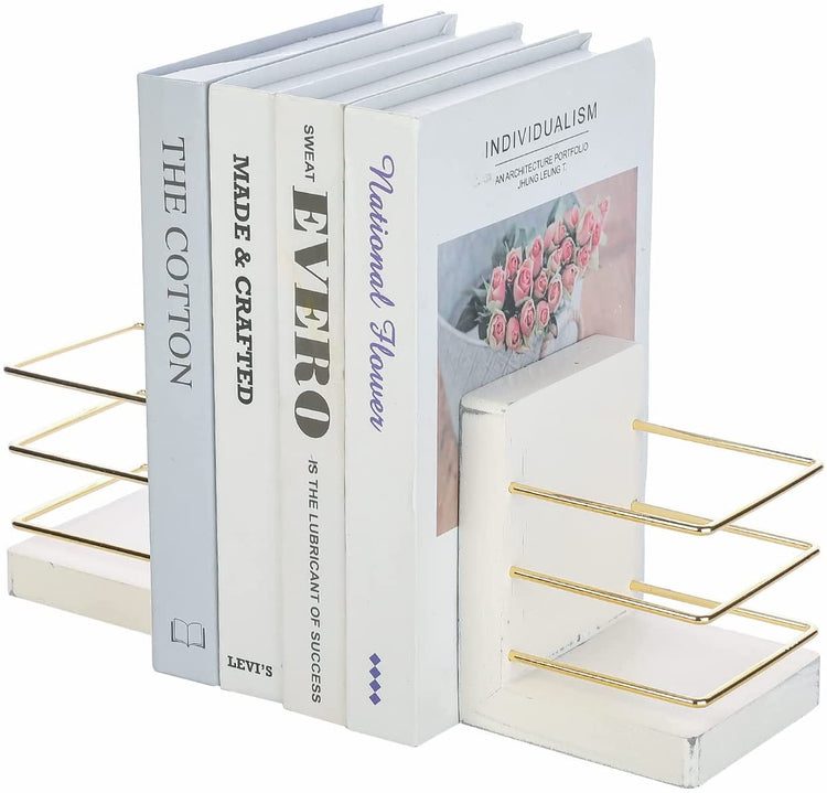 White Wood Decorative Bookends, L-Shaped Book Stands with Gold Tone Metal Wire Pen Holder Stationery Storage Baskets-MyGift