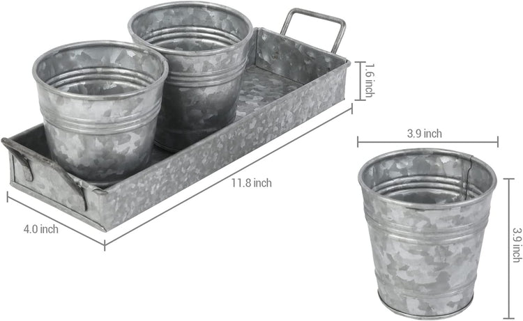 4 Piece Set Galvanized Metal Planter Buckets Small Succulent Plant Pots and Removable Display Tray with Handles-MyGift