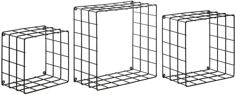 Set of 3, Matte Black Metal Wire Mesh Wall Mounted Square Shadow Box Style Floating Display Shelves, - 11, 10 and 8 inch-MyGift
