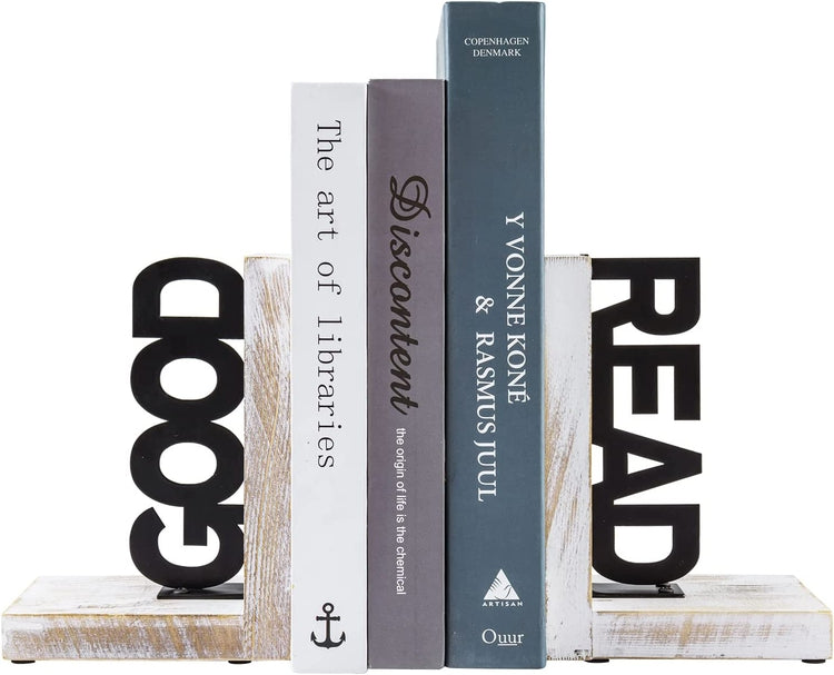L-Shaped Decorative Bookends, Whitewashed Wood and Matte Black Metal Book Holders with GOOD and READ Block Letter Design-MyGift