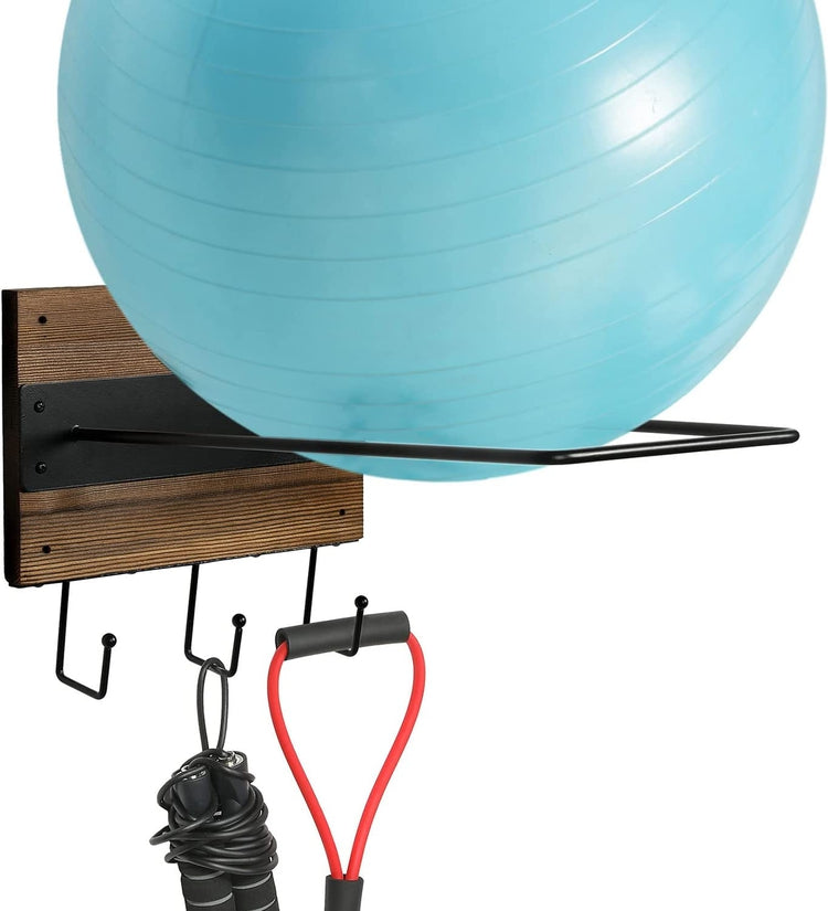 Wood and Black Metal Wall Mounted Exercise Ball Organizer with 3 Botto