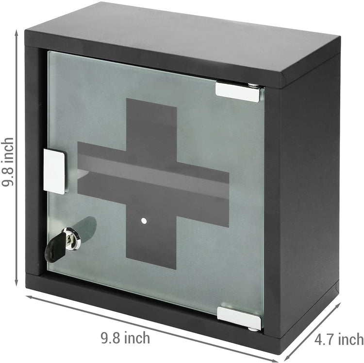 Wall Mounted Medicine Cabinet Organizer, Black Metal First Aid Supplies Storage Box with Locking Frosted Glass Door-MyGift
