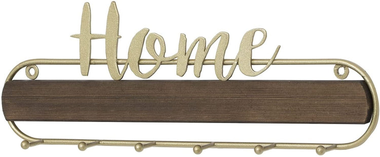 Wall Mounted Burnt Wood Key Rack Organizer with 6 Hooks and Brass Metal Frame with HOME Cursive Style Writing Design-MyGift