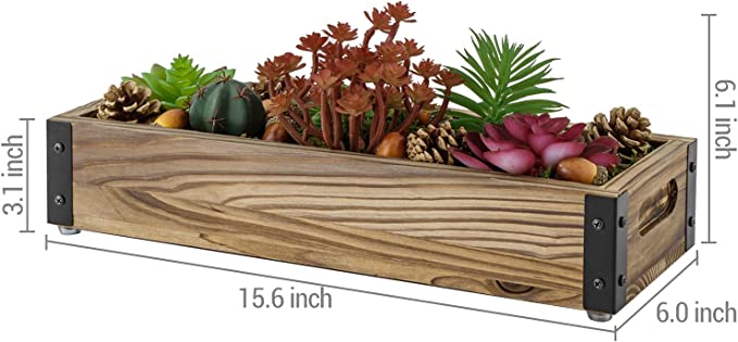 MyGift DIY Decorative Artificial Succulents, Pinecones, Acorns, and Moss with Solid Brown Wood Planter Box with Black Metal Mesh Sides and Brass