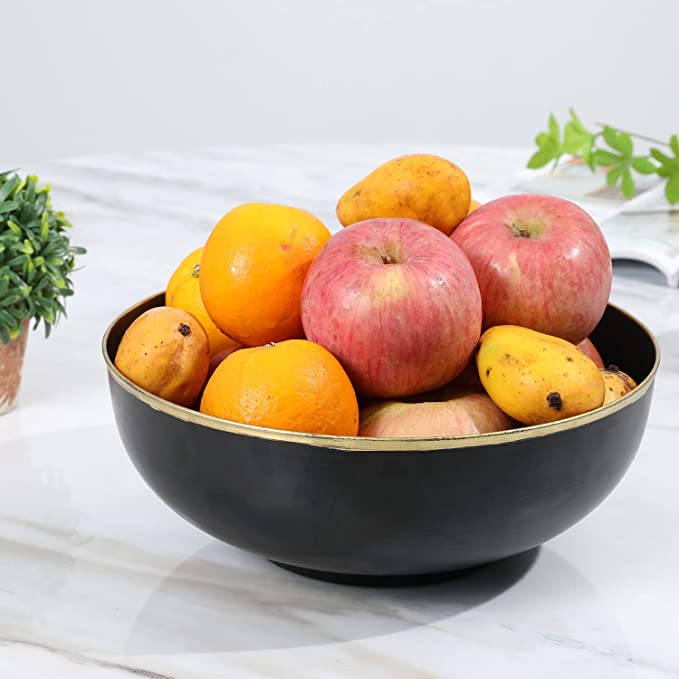 Black Metal Home Decor Decorative Bowl, 10 Inch Decorative Fruit Bowl with Gold Rim-MyGift