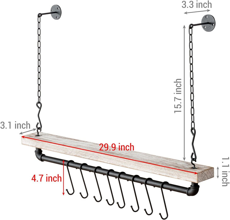 Ceiling Mounted Pot Rack with Industrial Matte Black Metal Pipe and Whitewashed Wood, Hanging Pots and Pan Organizer-MyGift