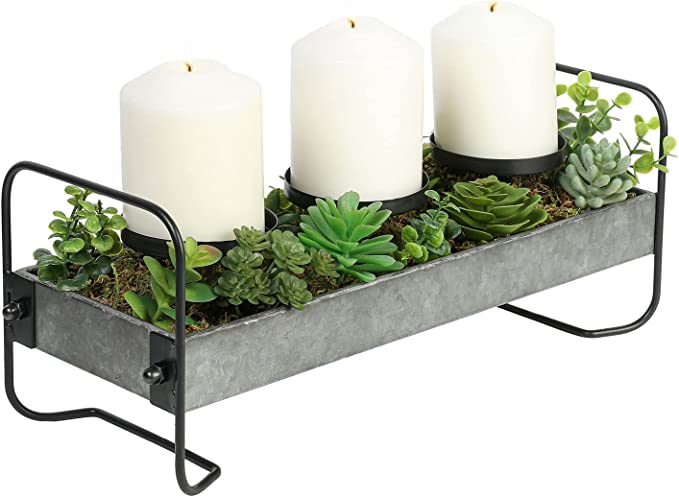 Tabletop Candle Holders, Metal and Matte Black Wire Candle Holder with DIY Artificial Succulents-MyGift
