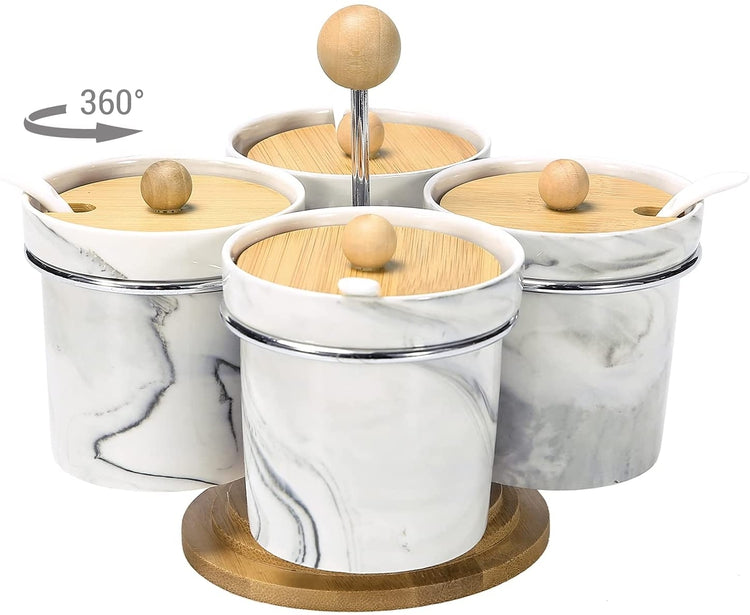 Marble Pattern Ceramic Spice Jar Condiment Pots with Spoons, Lids and Rotating Bamboo Rack Stand-MyGift