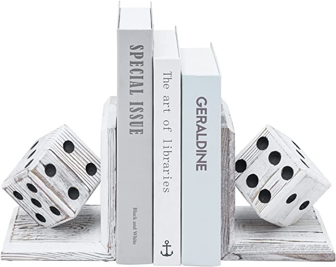 Vintage White Sturdy Book Stands, Decorative Bookends with Gaming Dice Sculpture, 1 Pair-MyGift