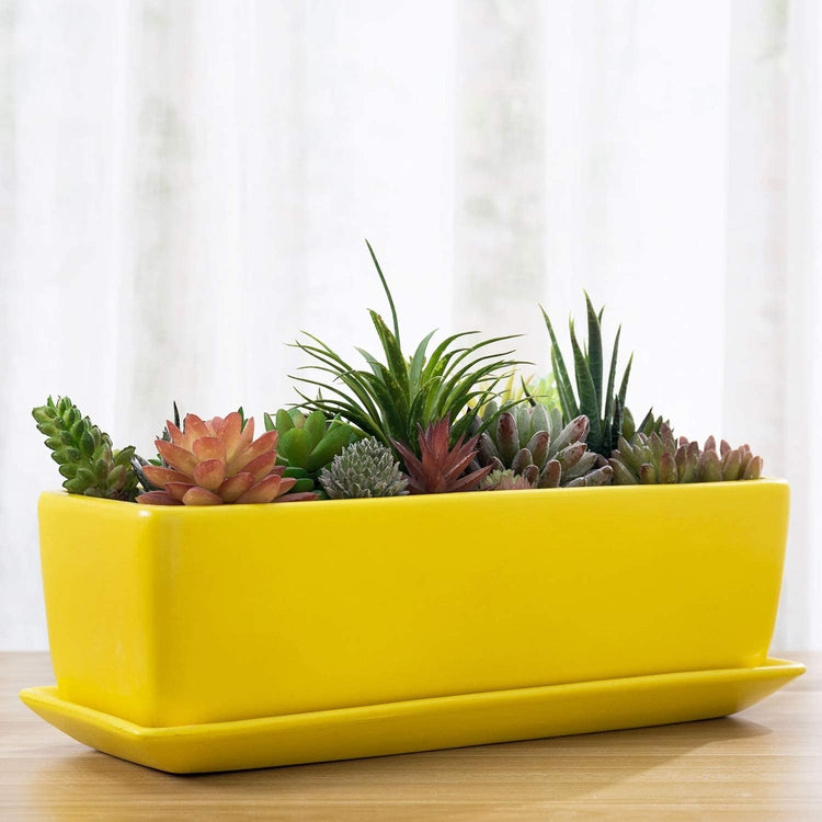 14-inch Yellow Rectangular Ceramic Succulent Window Box Planter Pot with Saucer-MyGift